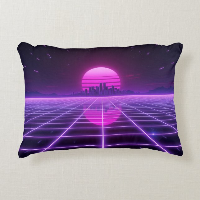 Retro 80er Neon Synthwave Gitter Dekokissen (Vorderseite)
