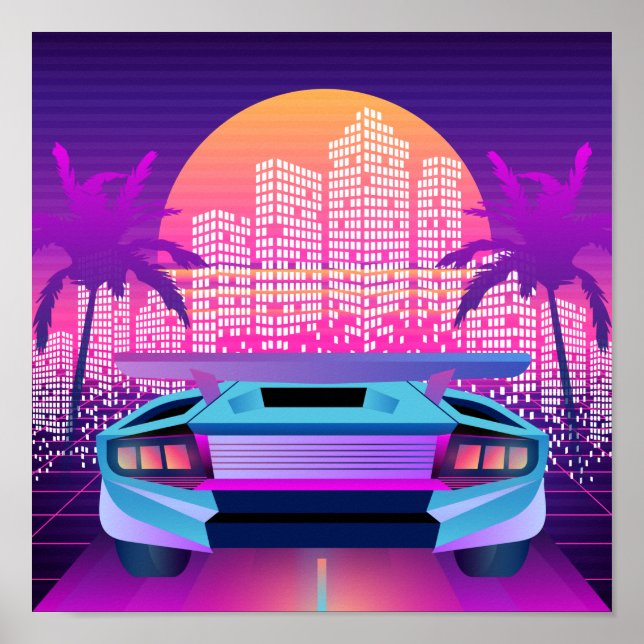 Retro 80er Neon Vaporwave City Sunset and Car Poster (Vorne)
