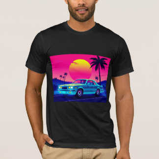 Retro 80er Outrun Sonnenuntergang Muscle Car Herre T-Shirt