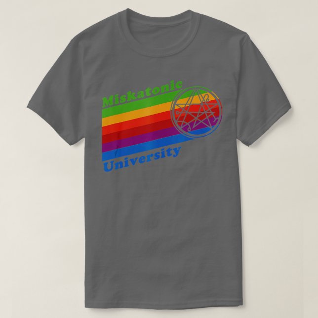 Retro 80er Rainbow Miskatonic University and Symbo T-Shirt (Design vorne)