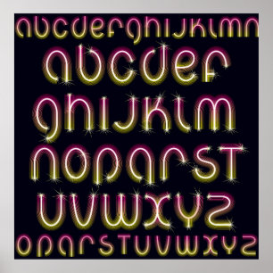 Retro-80er Rosa und Gelb leuchtendes Neon-Alphabet Poster