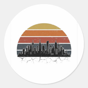 Retro 80er Stadt-Skyline Sonnenuntergang Vintage-S Runder Aufkleber
