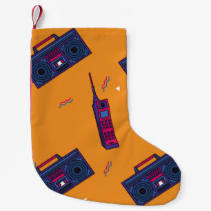 Retro 80er Stil Hintergrund, bunt. Kleiner Weihnachtsstrumpf