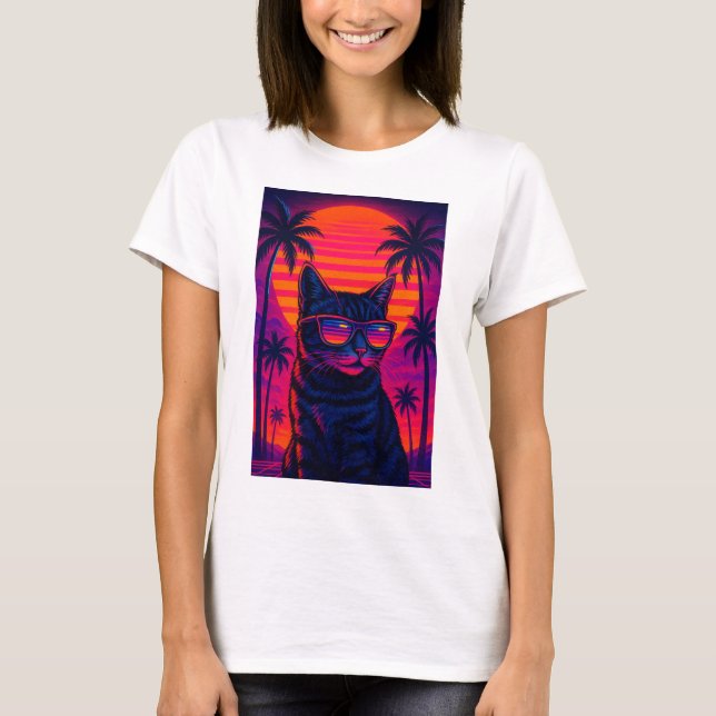 Retro 80er Sunset Cat mit Sonnenbrille T - Shirt (Vorderseite)