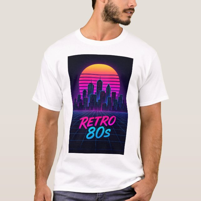 Retro 80er Synthwave City Skyline T - Shirt (Vorderseite)
