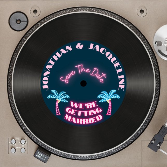 Retro 80er Tropical Neon Vinyl Record Save the Dat Einladung (Von Creator hochgeladen)