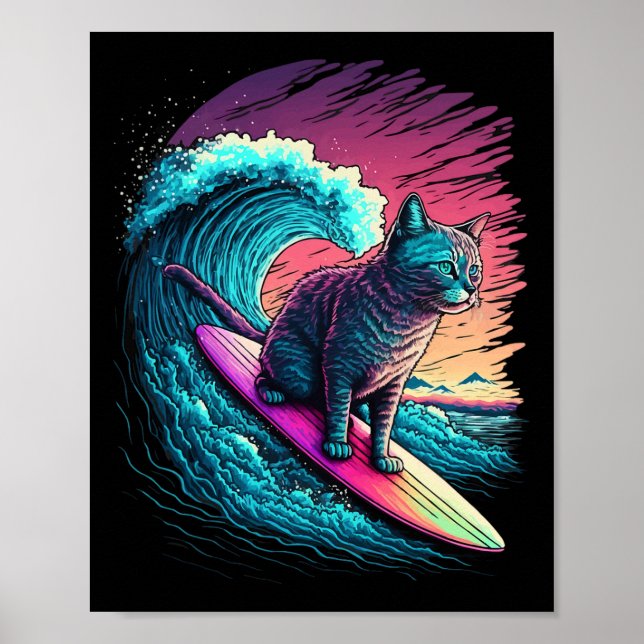 Retro 80er Vaporwave Synthwave Vintage Surfkaterze Poster (Vorne)