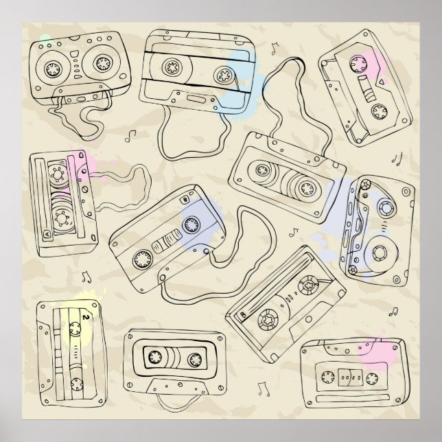Retro 80s 90s Nostalgic Cassette Mix Tape Pattern Poster (Vorne)
