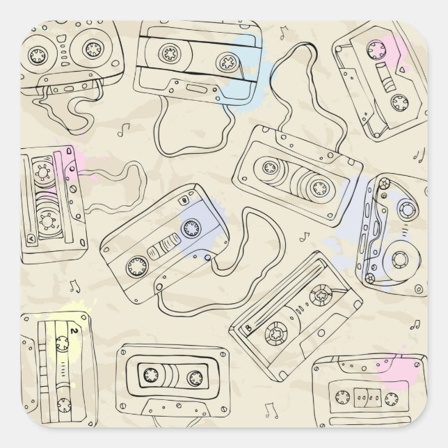 Retro 80s 90s Nostalgic Cassette Mix Tape Pattern Quadratischer Aufkleber (Vorderseite)