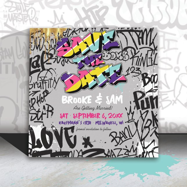 Retro 80's Hip Hop Graffiti Hochzeit speichern das Save The Date (Fun colorful retro vintage 80's hip hop graffiti gold record wedding invitation suite save the date)