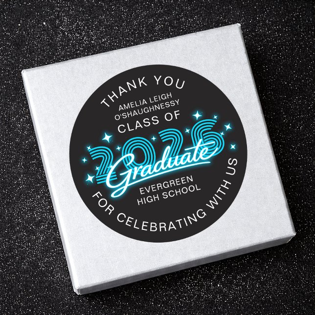 Retro 80s Neon Blue Graduation Thank You Runder Aufkleber (Von Creator hochgeladen)