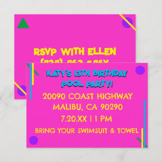 Retro 80's Pink Girl's 13. Geburtstag Pool Party Einladung