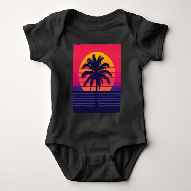 Retro 80s Sunset Palm Tree Synthwave Art Baby Strampler (Vorderseite)