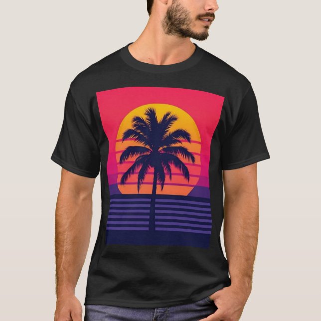 Retro 80s Sunset Palm Tree Synthwave Art T-Shirt (Vorderseite)
