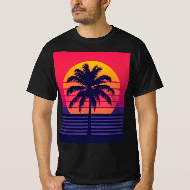 Retro 80s Sunset Palm Tree Synthwave Art T-Shirt (Vorderseite)