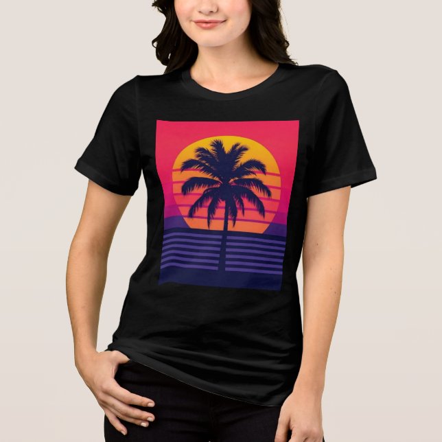 Retro 80s Sunset Palm Tree Synthwave Art Tri-Blend Shirt (Vorderseite)