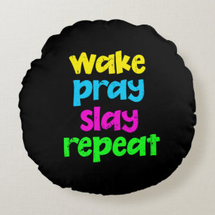 Retro 80's Vintage Neon Sign Wake Pray Slay Repeat Rundes Kissen