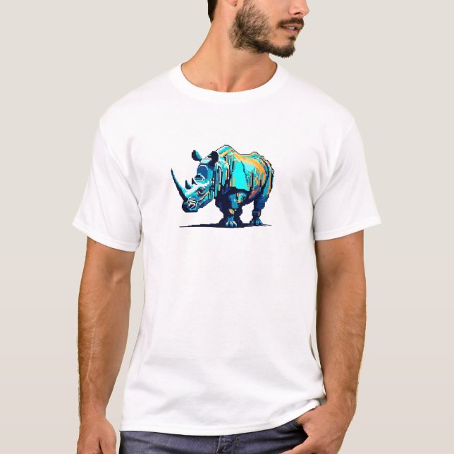 Retro 8-Bit Pixel Art Rhinoceros Cyan Orange Gamer T-Shirt (Vorderseite)
