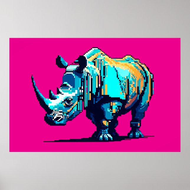 Retro 8-Bit Rhinoceros Pixel Art Gamer Room Poster (Vorne)