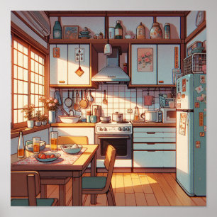 Retro-90er-Anime-Küchenkühlschrank- und Tisch Poster