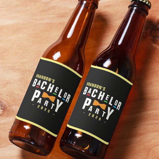 Retro 90er farbenfrohe Bowtie Bachelor Party Black Bierflaschenetikett (Retro 90s Colorful Bowtie Bachelor Party Black Beer Bottle Label
)