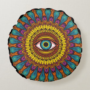 Retro 90er Mandala   Psychedelisches Third Eye Gra Rundes Kissen