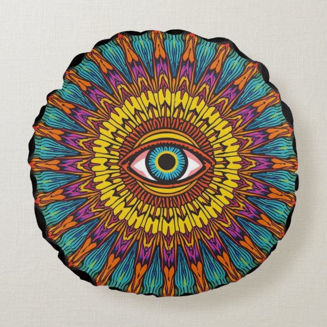 Retro 90er Mandala | Psychedelisches Third Eye Gra Rundes Kissen (Vorderseite)