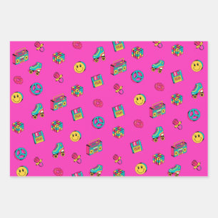 Retro 90er Muster lila rosa aquamarines Party Geschenkpapier Set