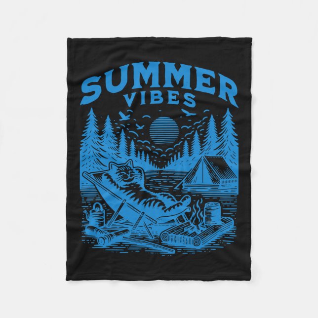 Retro 90er Summer Vibes Cat Camping Funny Cat Meme Fleecedecke (Vorderseite)