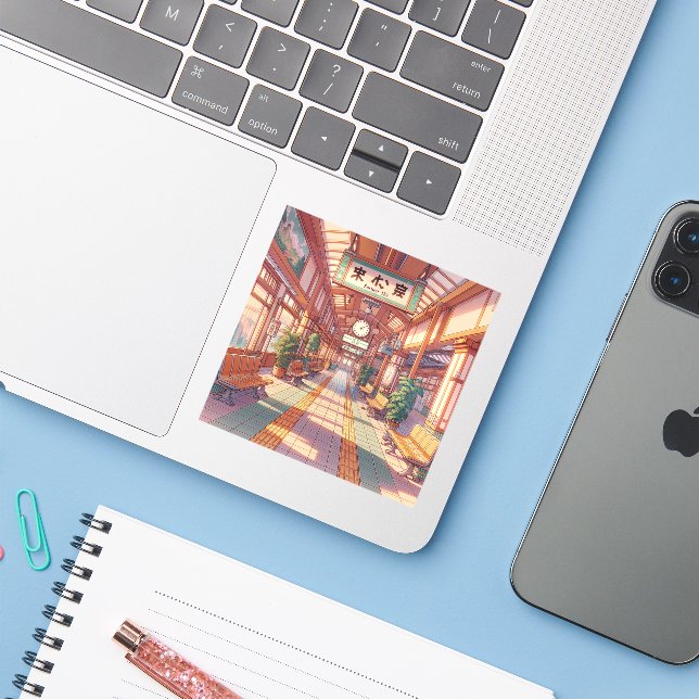 Retro 90s Anime Japan Bahnhof Aufkleber (Laptop mit iPhone)