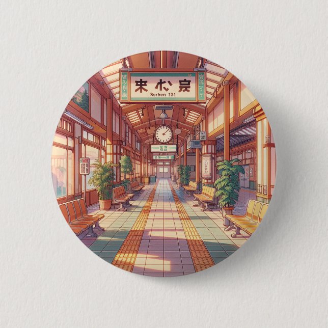 Retro 90s Anime Japan Bahnhof Button (Vorderseite)