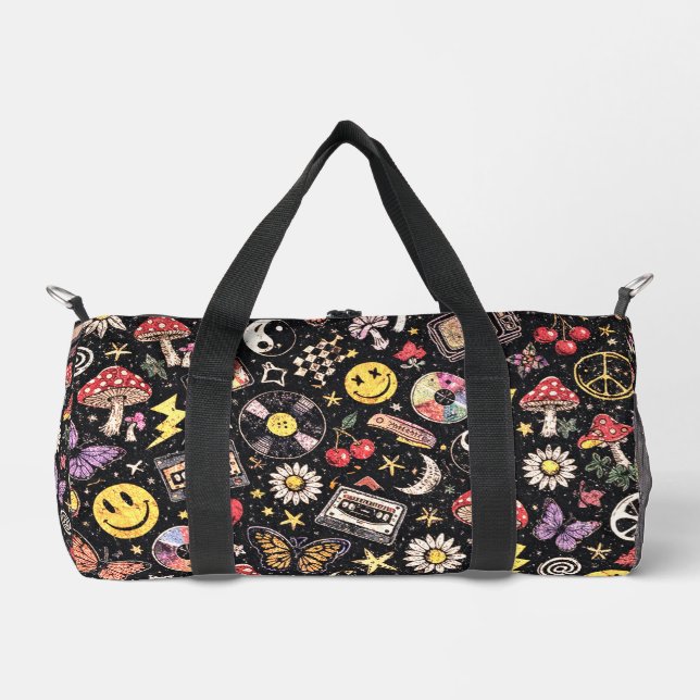 Retro 90s Celestial Psychedelic Pattern with Smile Duffle Bag (Vorderseite)