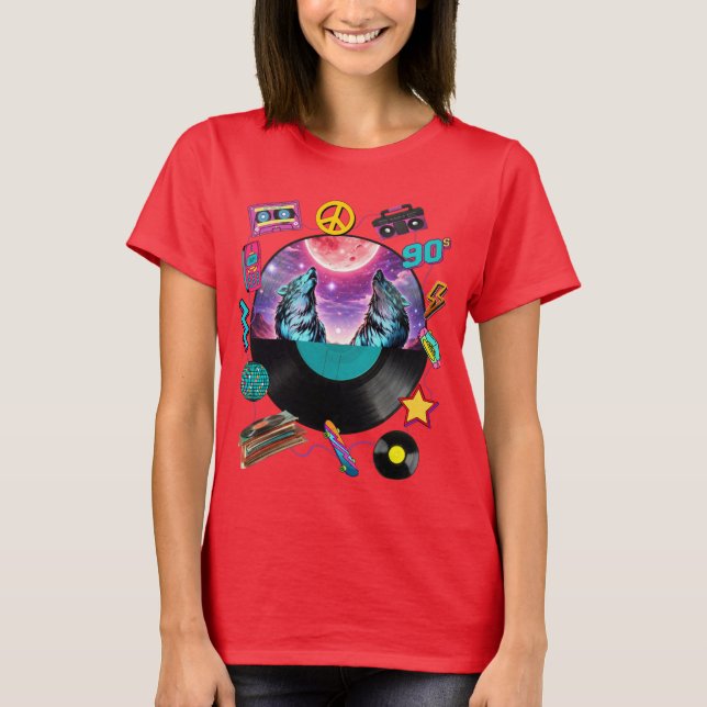 Retro 90s Midnight Wolf & Boombox Circular Collage T-Shirt (Vorderseite)