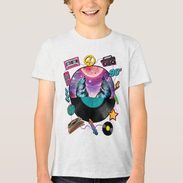 Retro 90s Midnight Wolf & Boombox Circular Collage Tri-Blend Shirt (Vorderseite)