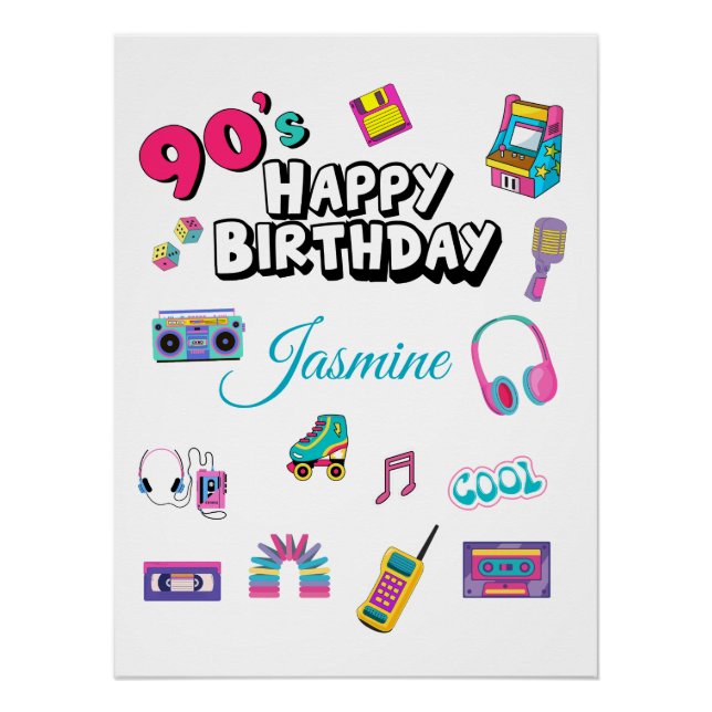 Retro 90s Party Custom Name Happy Birthday Poster (Vorderseite)