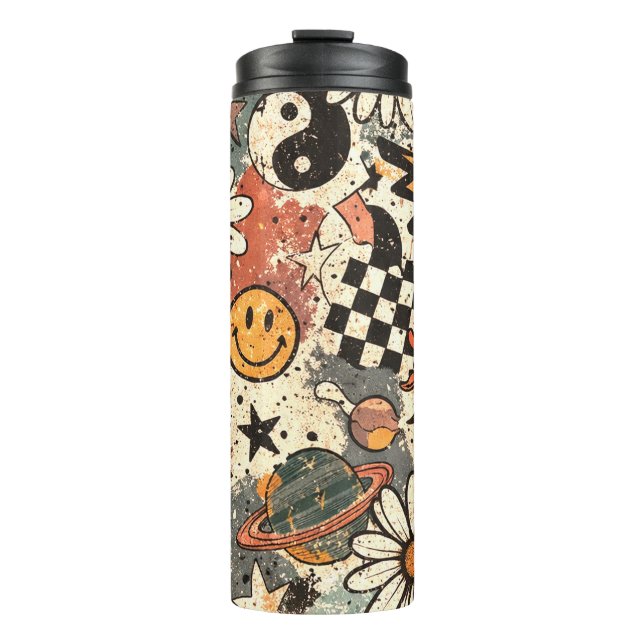 Retro 90s Psychedelic Doodle Pattern with Yin Yang Thermosbecher (Vorderseite)