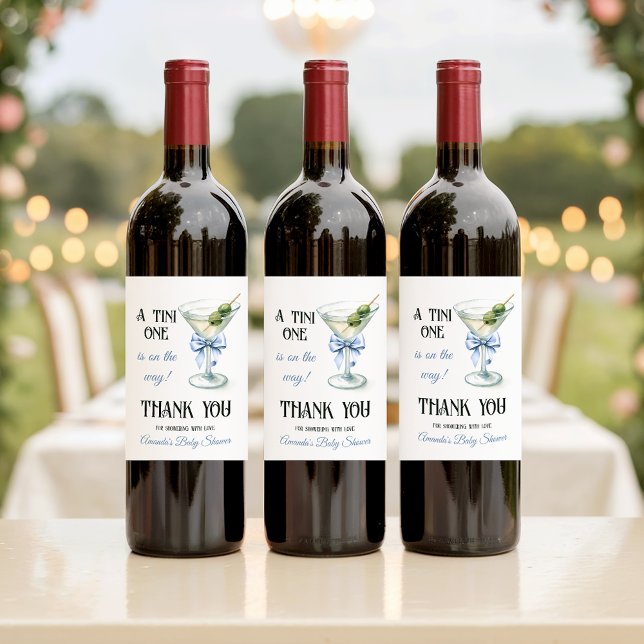 Retro A Tini One Martini Blue Bow Boy Baby Shower Weinetikett (Von Creator hochgeladen)