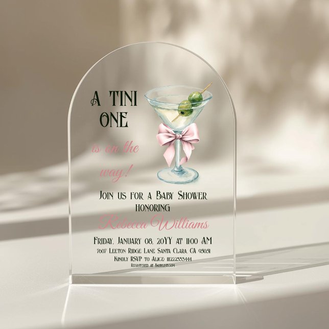 Retro A Tini One Martini Pink Bow Girl Baby Shower Acryleinladungen (Von Creator hochgeladen)