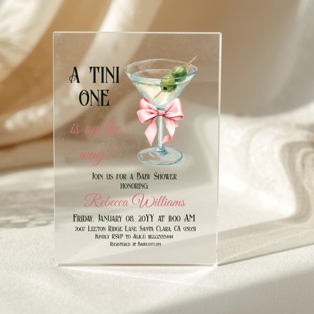 Retro A Tini One Martini Pink Bow Girl Baby Shower Acryleinladungen (Von Creator hochgeladen)