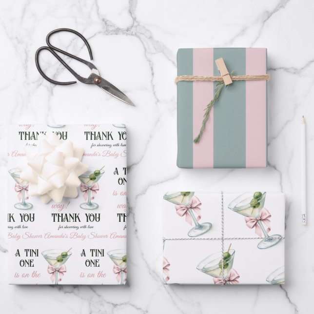 Retro A Tini One Martini Pink Bow Girl Baby Shower Geschenkpapier Set (Vorderseite)