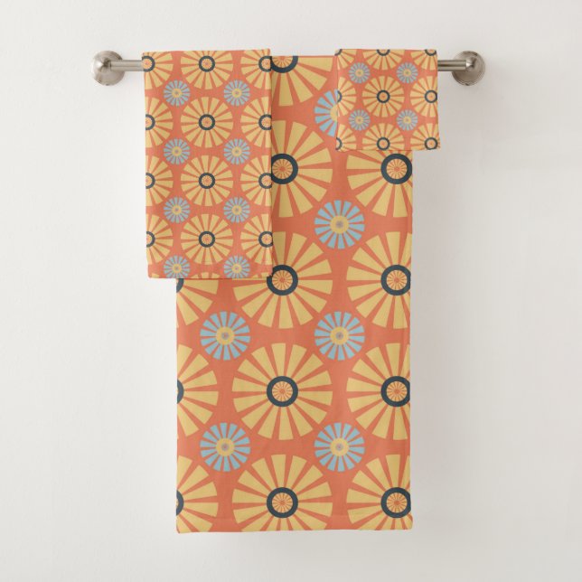 Retro Abstrablau und Orange Daisies Muster Badhandtuch Set (Insitu)