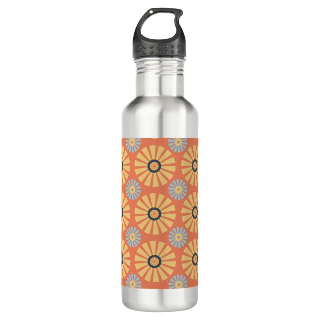 Retro Abstrablau und Orange Daisies Muster Edelstahlflasche (Vorderseite)