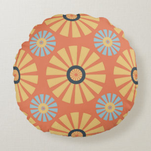 Retro Abstrablau und Orange Daisies Muster Rundes Kissen