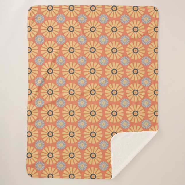 Retro Abstrablau und Orange Daisies Muster Sherpadecke (Vorderseite)