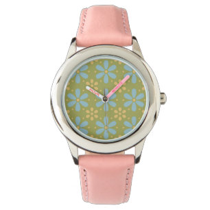 Retro Abstrakt Blau und Gelb Blumen auf Grün Armbanduhr
