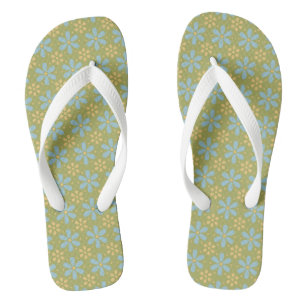 Retro Abstrakt Blau und Gelb Blumen auf Grün Flip Flops