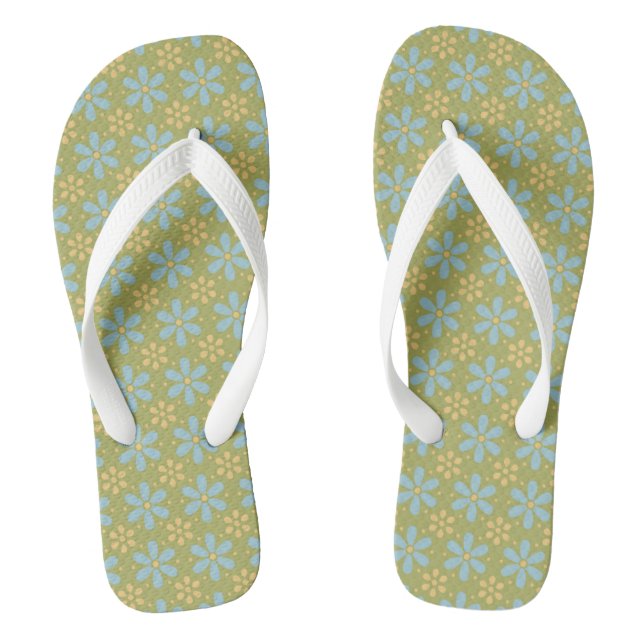 Retro Abstrakt Blau und Gelb Blumen auf Grün Flip Flops (Fußbett)