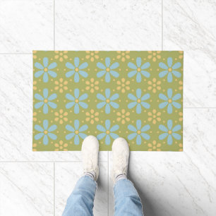 Retro Abstrakt Blau und Gelb Blumen auf Grün Fußmatte