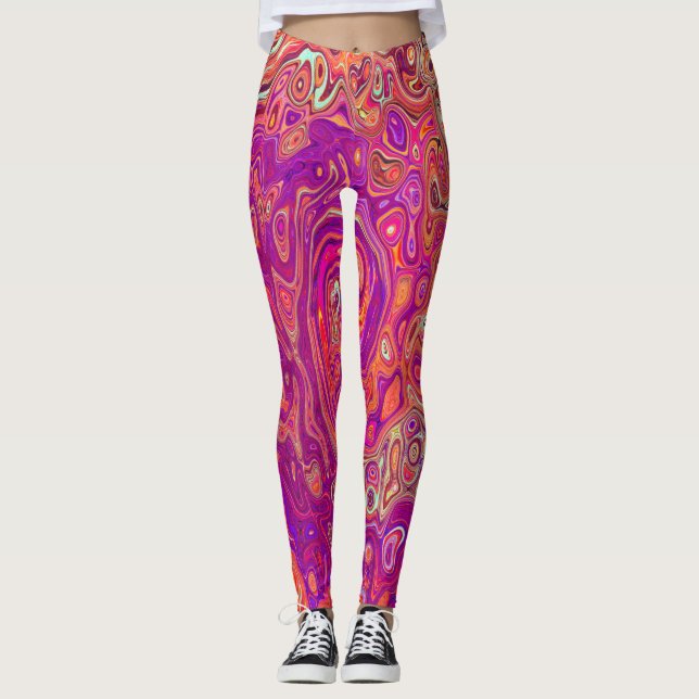 Retro Abstrakt Coral und Lila Marmorwirbel Leggings (Vorderseite)