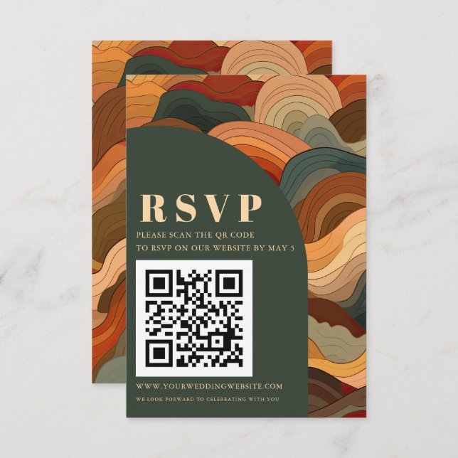 Retro Abstrakt Earthy Terracotta Orange QR CODE RSVP Karte (Vorne/Hinten)